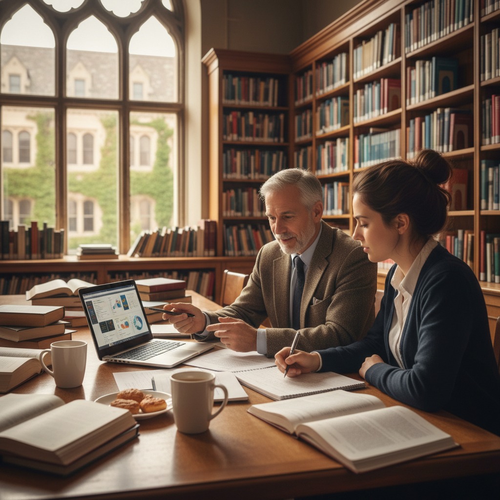 A professor and a student sit at a library table reviewing data on a laptop and taking notes.